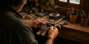Artesano engastando muela de ciervo en pulsera de alpaca