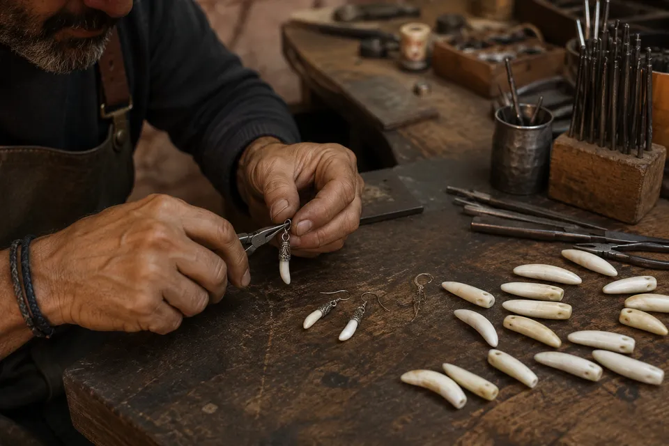 Artesano trabajando el casquete de los pendientes de colmillo de jabalí