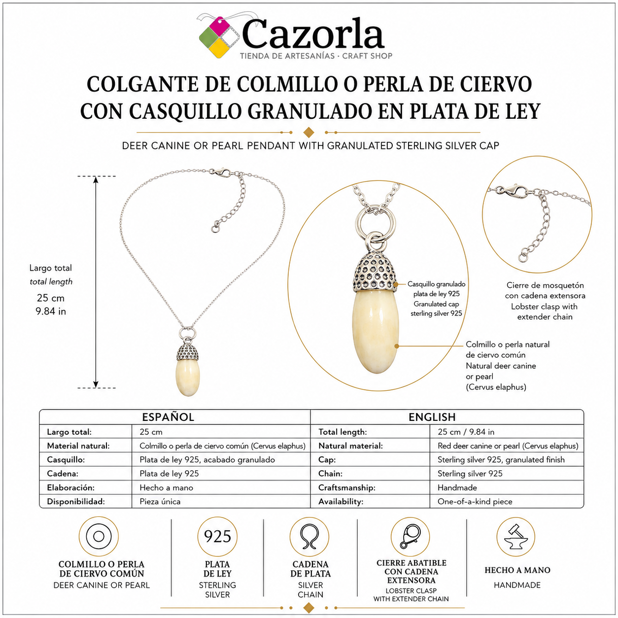 Ficha técnica del colgante de colmillo de ciervo común y plata de ley 925 con sus medidas