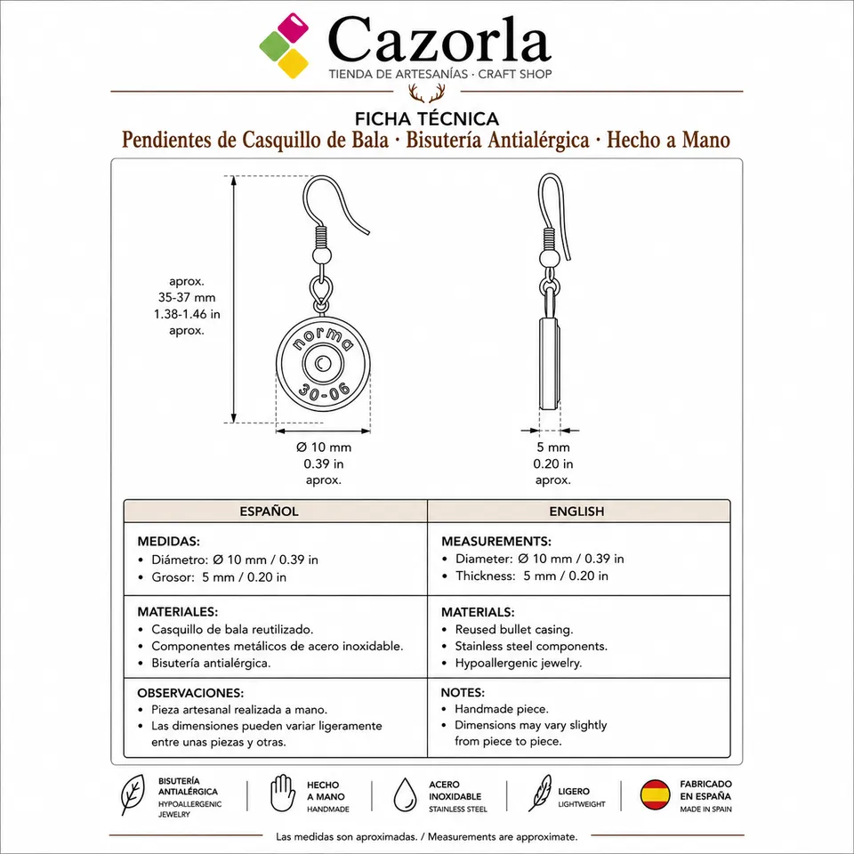 Pendientes de Casquillo de Bala · Bisutería Antialérgica · Hecho a Mano - Imagen 5