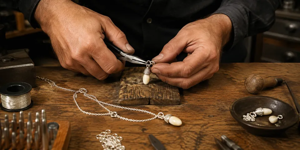Manos trabajando un colgante de colmillo de ciervo común con casquillo y cadena de plata de ley 925
