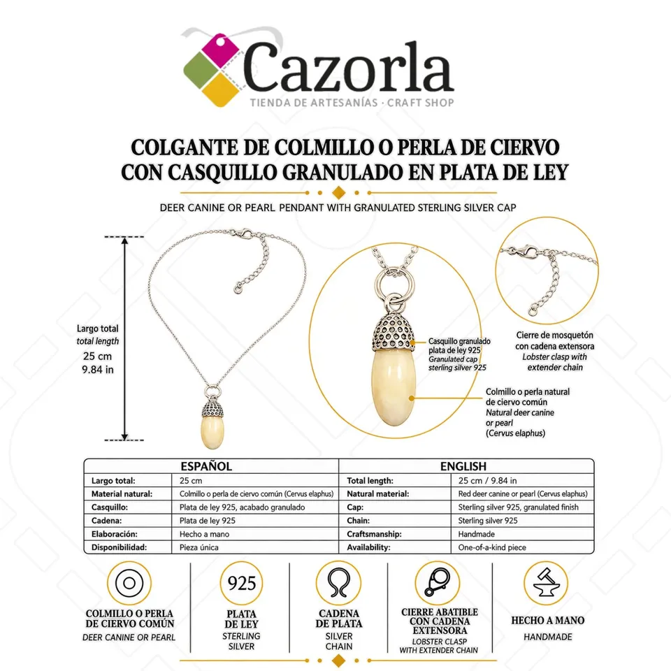 Colgante de colmillo de ciervo común y plata de ley 925 - Imagen 4