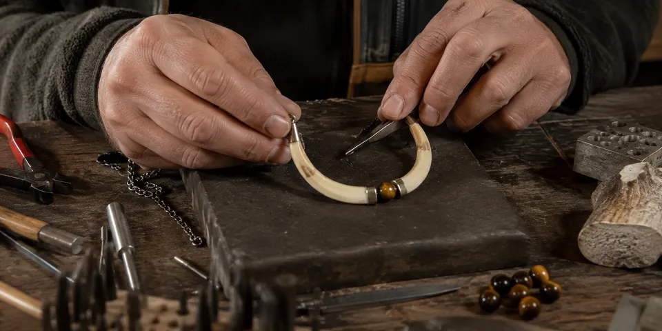 Manos del artesano trabajando en un collar de colmillos de jabalí con ojo de tigre, alpaca y acero