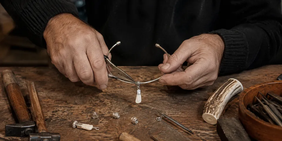 Manos trabajando en un collar rígido de colmillo de ciervo y alpaca