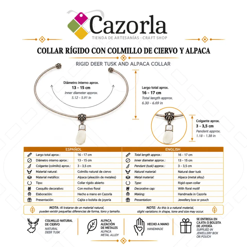 Collar rígido con colmillo de ciervo y alpaca - Imagen 4