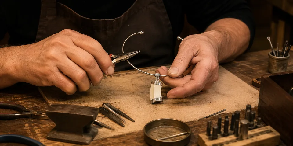 Manos del artesano trabajando en una pulsera rígida de alpaca con colmillo natural de jabalí
