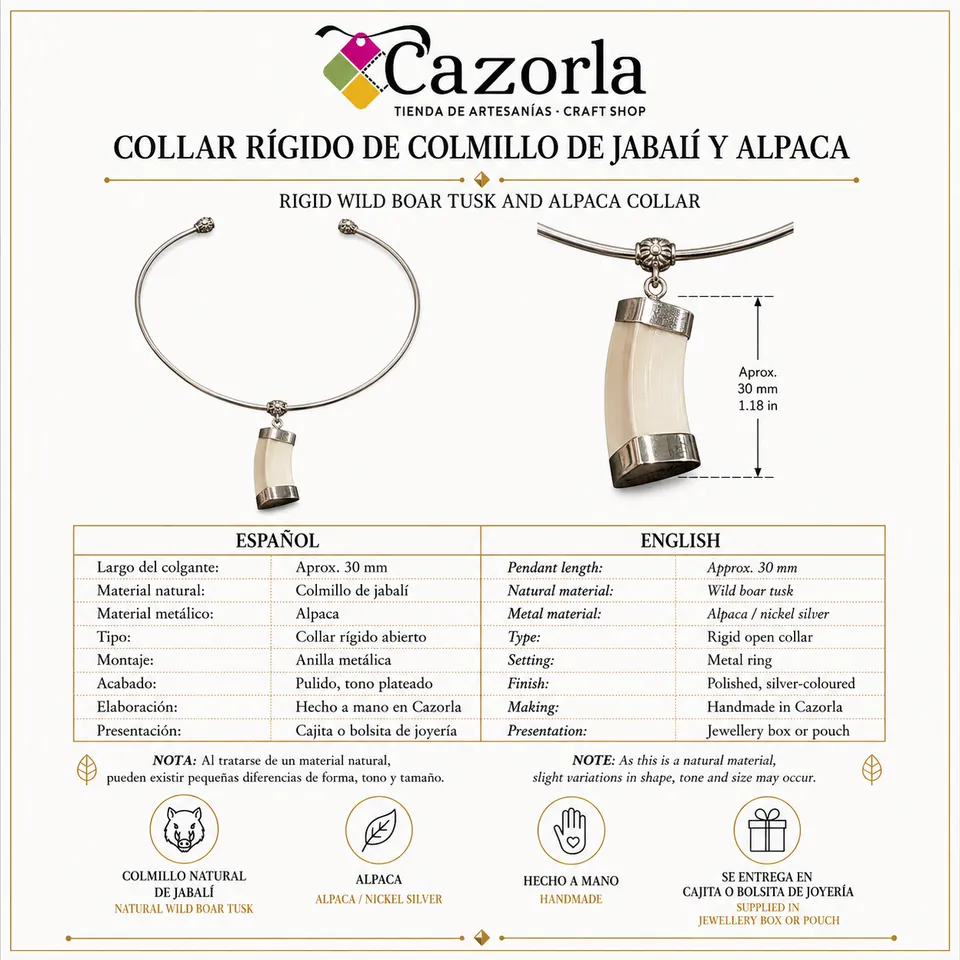 Ficha técnica de la pulsera rígida de alpaca con colmillo natural de jabalí