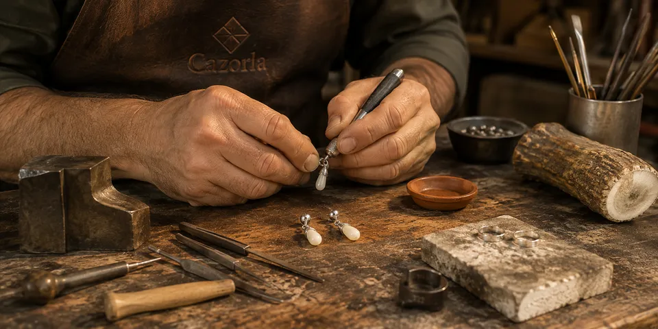 Detalle artesanal de pendientes de colmillo de ciervo en plata de ley