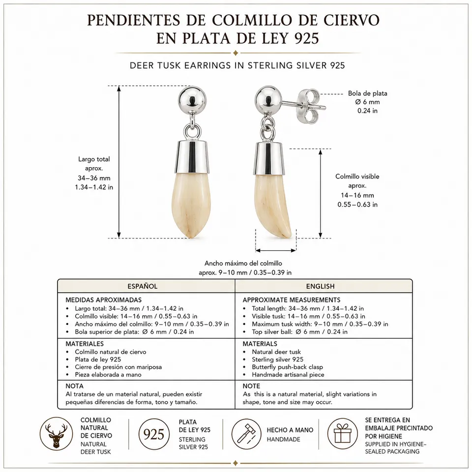 Ficha técnica de pendientes de colmillo de ciervo y plata de ley con medidas