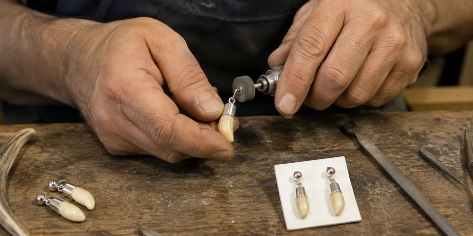 Manos del artesano trabajando un pendiente de colmillo de ciervo con casquillo liso de plata de ley