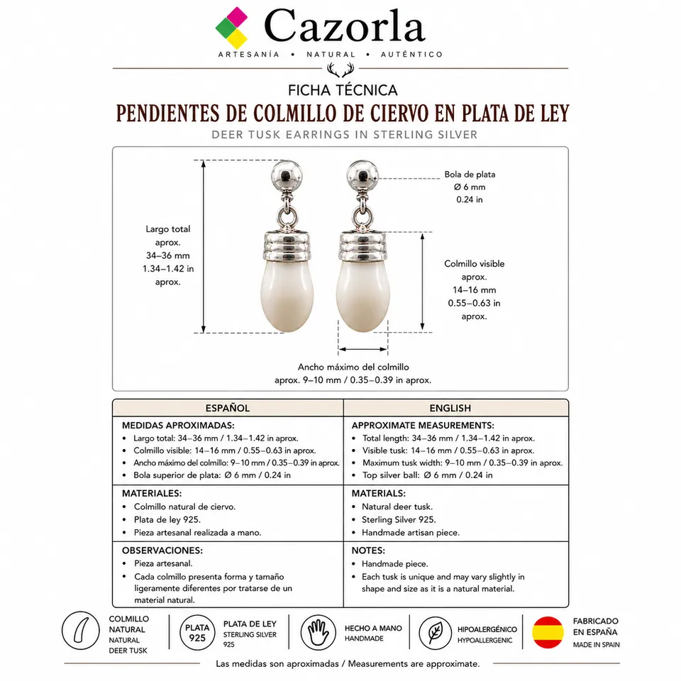 Pendientes de Colmillo de Ciervo en Plata de Ley - Imagen 4