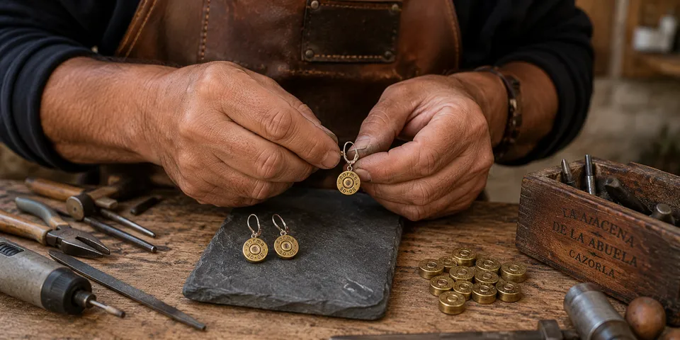 Manos trabajando en el montaje de pendientes de casquillo de bala