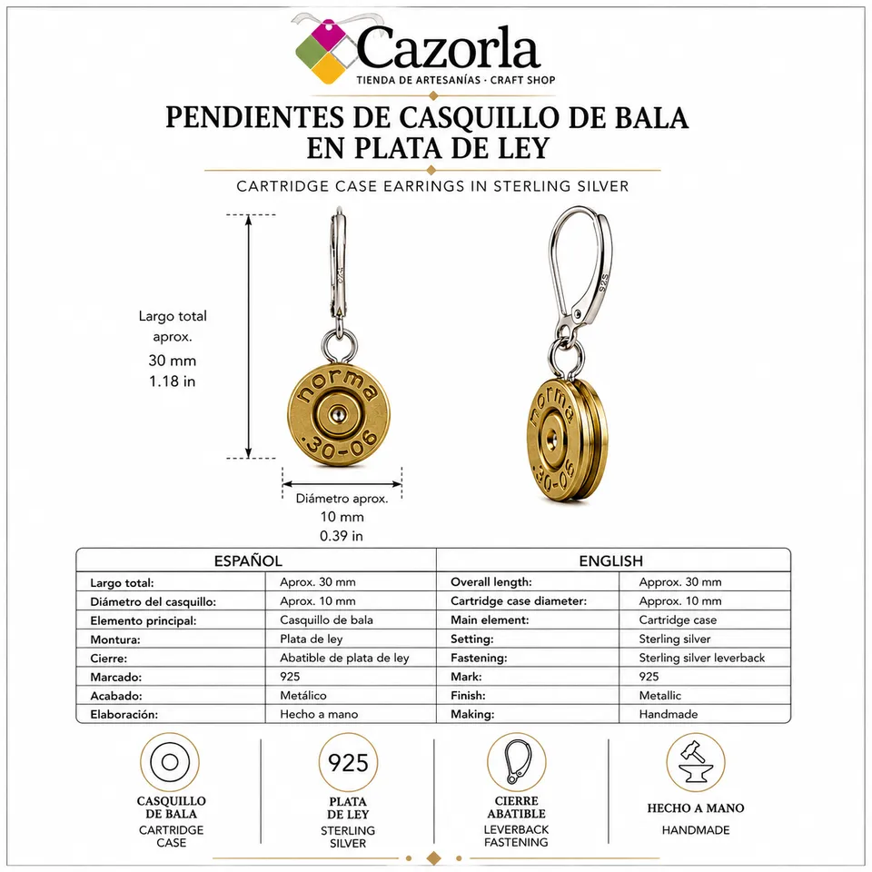 Ficha técnica de pendientes de casquillo de bala en plata de ley con medidas