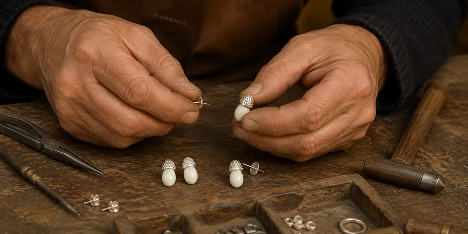 Manos trabajando en pendientes de colmillo de ciervo con casquillo granulado de plata de ley