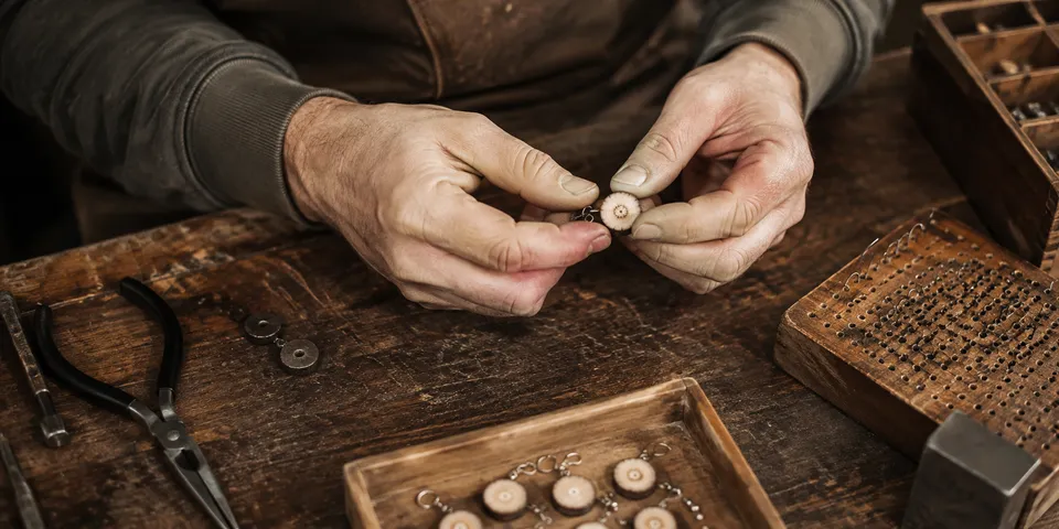 Artesano montando pendientes de rodajita de cuerno de ciervo