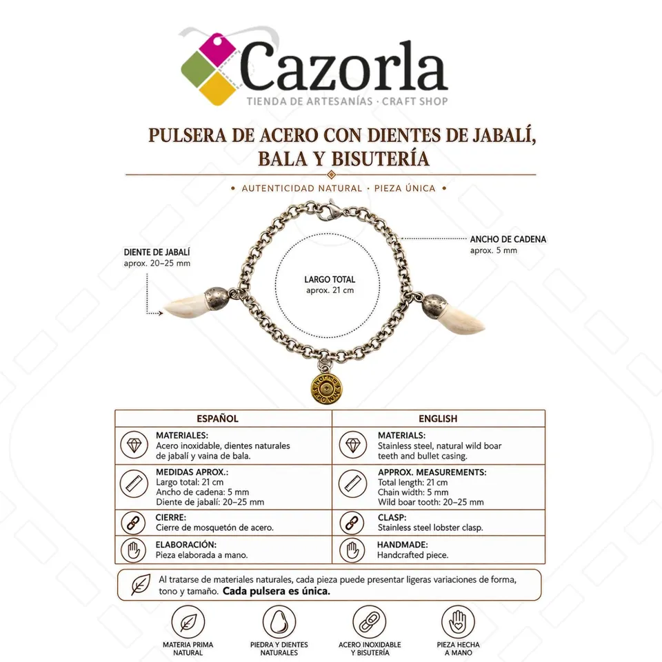 Ficha técnica de pulsera de acero con dientes naturales de jabalí, colgante de bala y bisutería