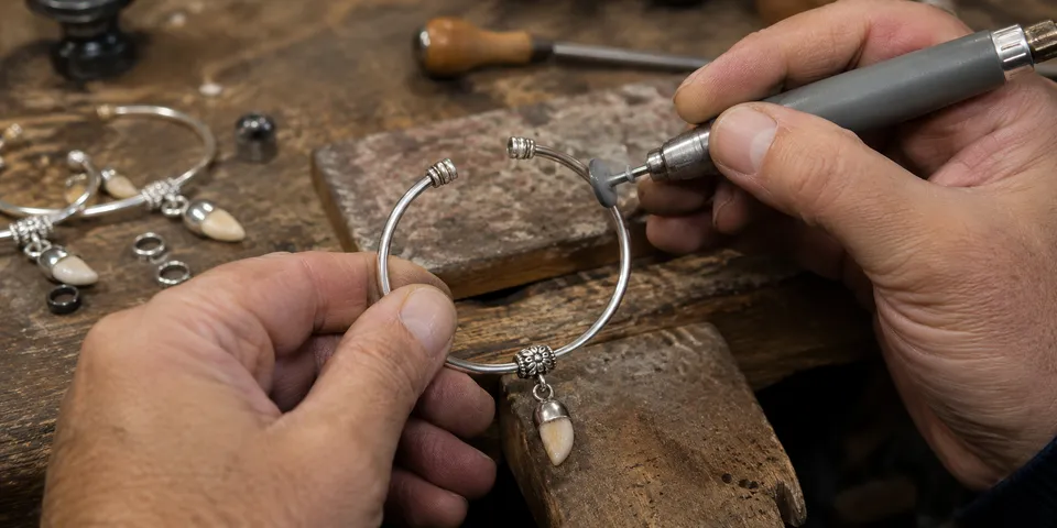 Manos del artesano trabajando una pulsera rígida de alpaca con colmillo natural de ciervo