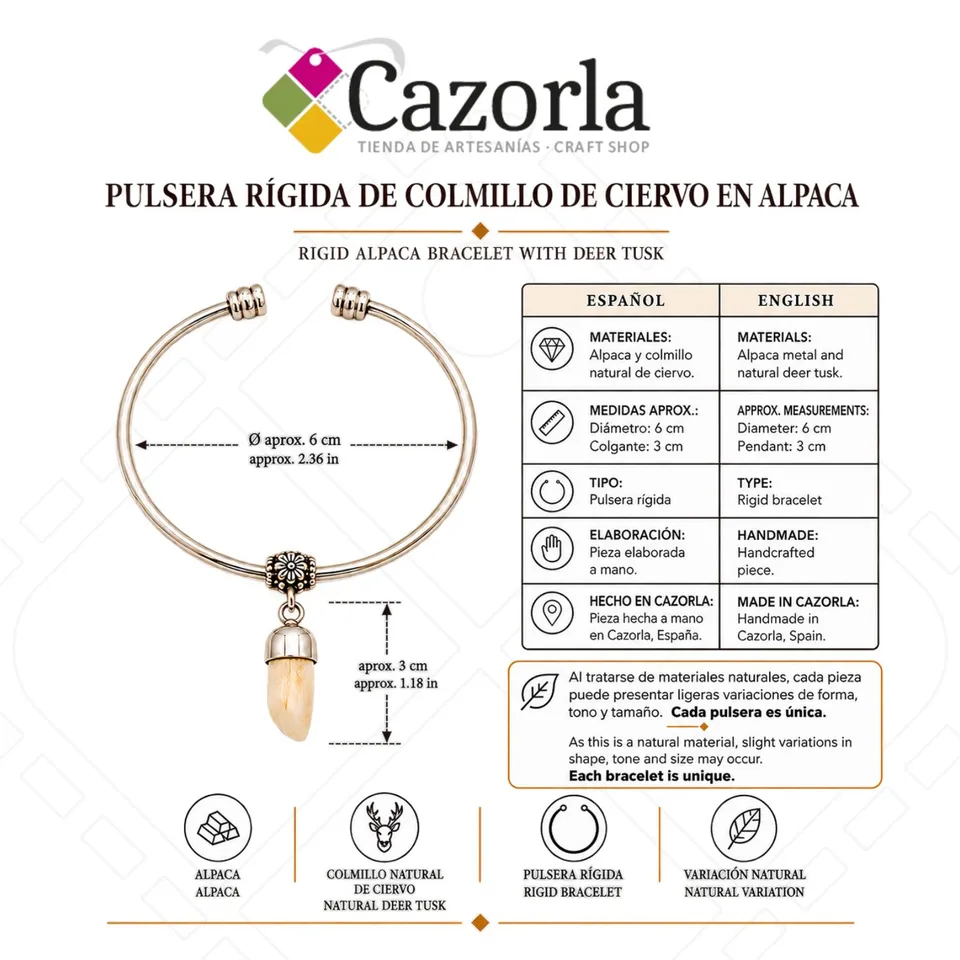 Ficha técnica de la pulsera rígida de alpaca con colmillo natural de ciervo, diámetro aproximado de 6 cm y colgante de 3 cm