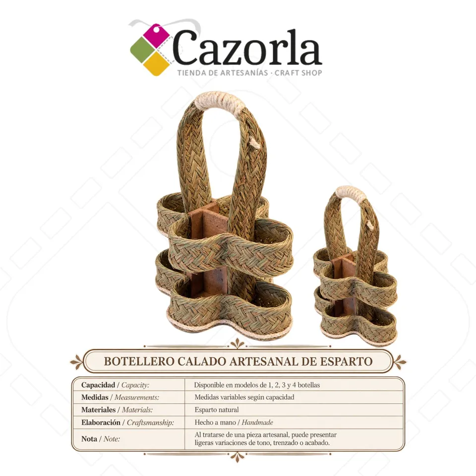Ficha técnica del botellero calado artesanal de esparto para 1, 2, 3 o 4 botellas
