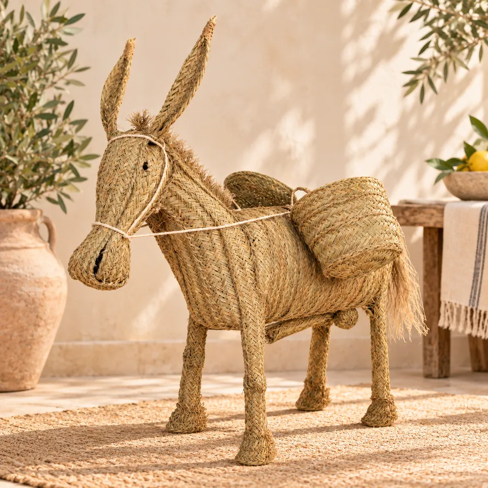 Burro artesanal de esparto con alforjas en ambiente mediterráneo