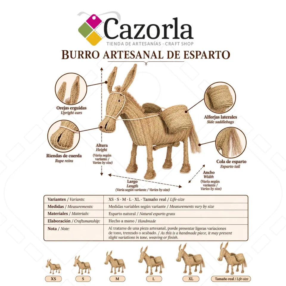 Ficha técnica de burro artesanal de esparto con tamaños XS S M L XL y tamaño real