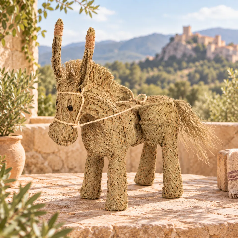 Burro macetero artesanal de esparto natural en ambiente de la Sierra de Cazorla