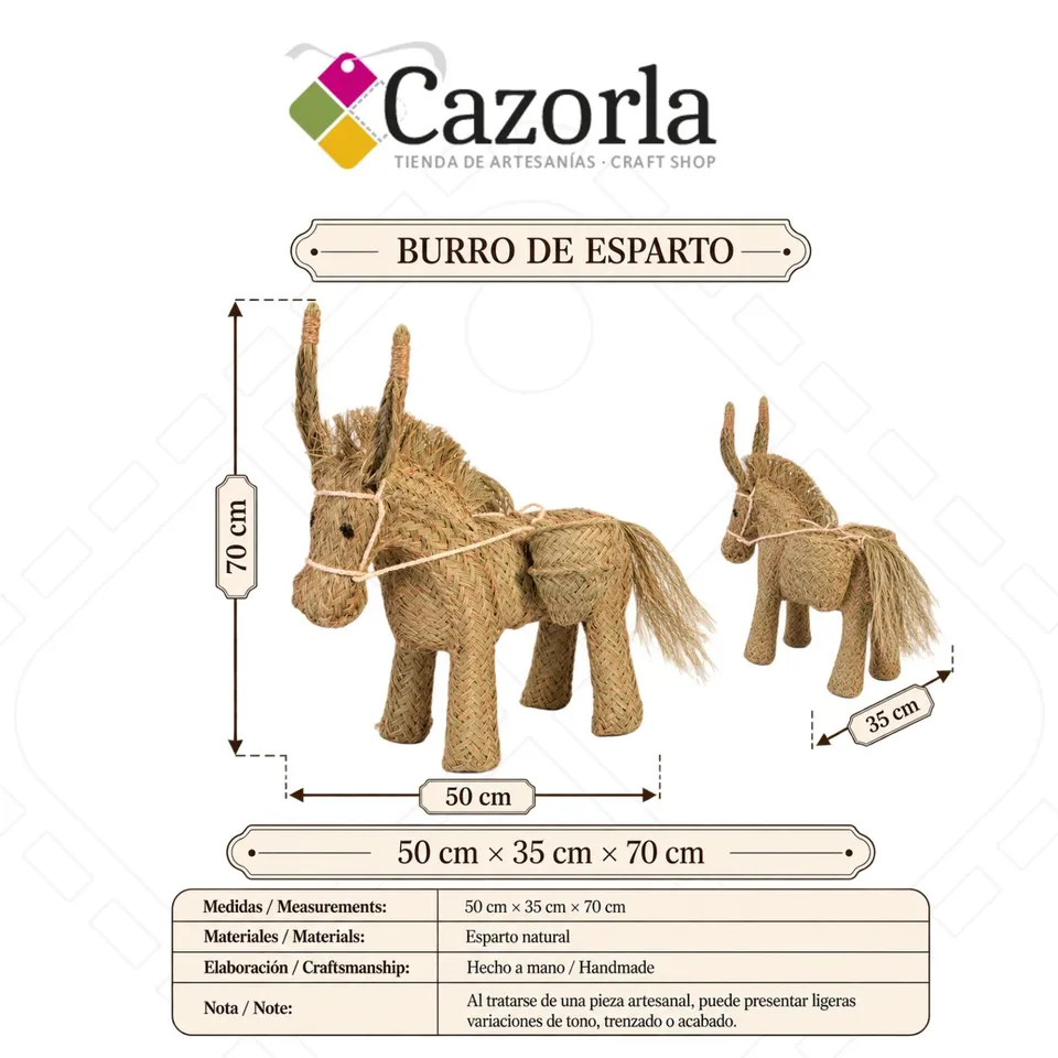 Ficha técnica del burro macetero artesanal de esparto de 50 × 35 × 70 cm