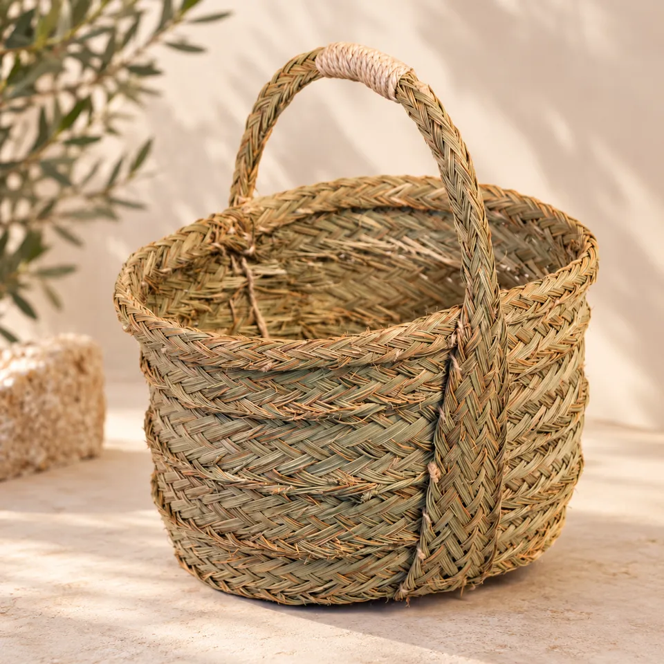 Cesta bolso artesanal de esparto con un asa en ambiente cálido mediterráneo
