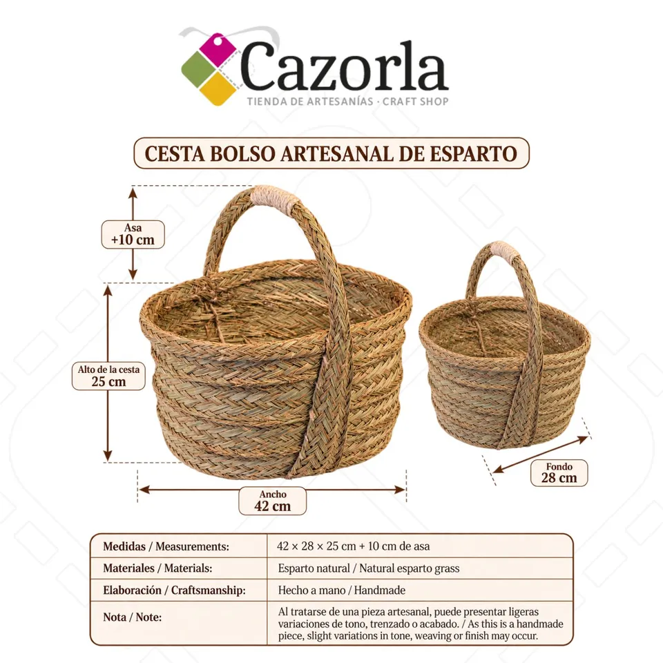 Ficha técnica de cesta bolso artesanal de esparto de 42 por 28 por 25 cm con asa de 10 cm