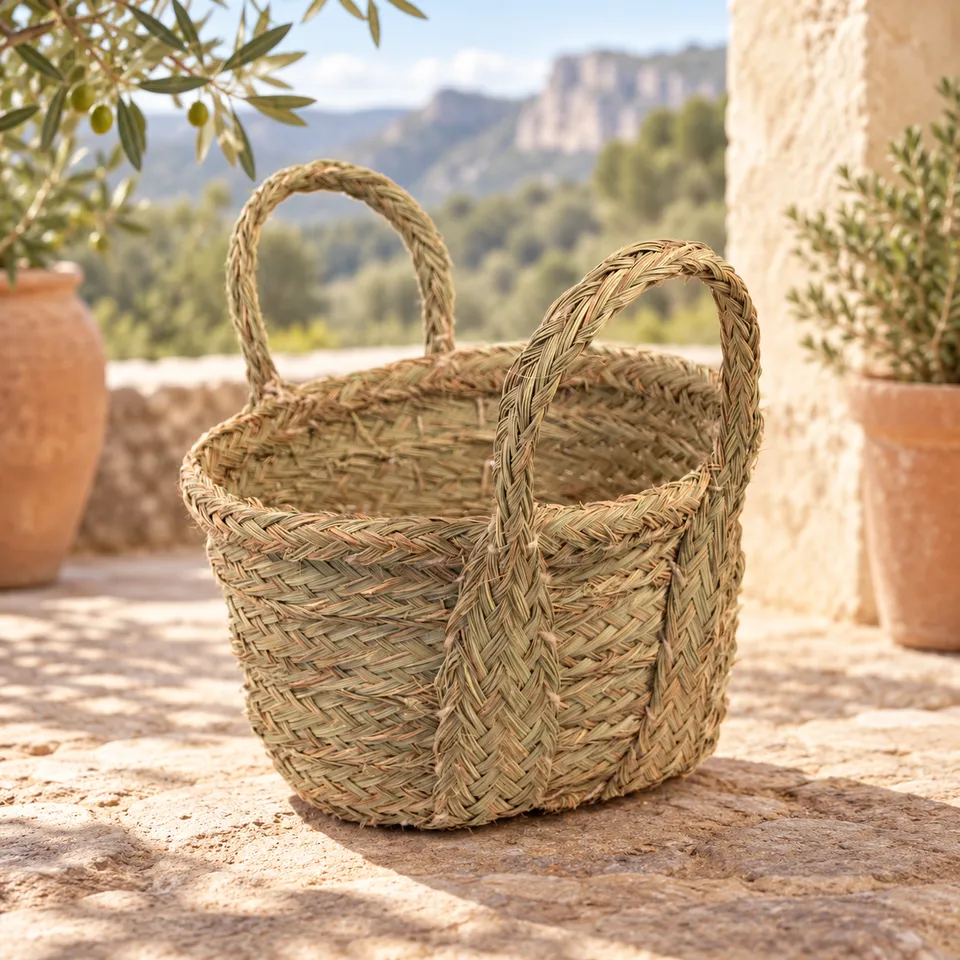 Cesta bolso artesanal de esparto con dos asas en ambiente mediterráneo inspirado en la Sierra de Cazorla