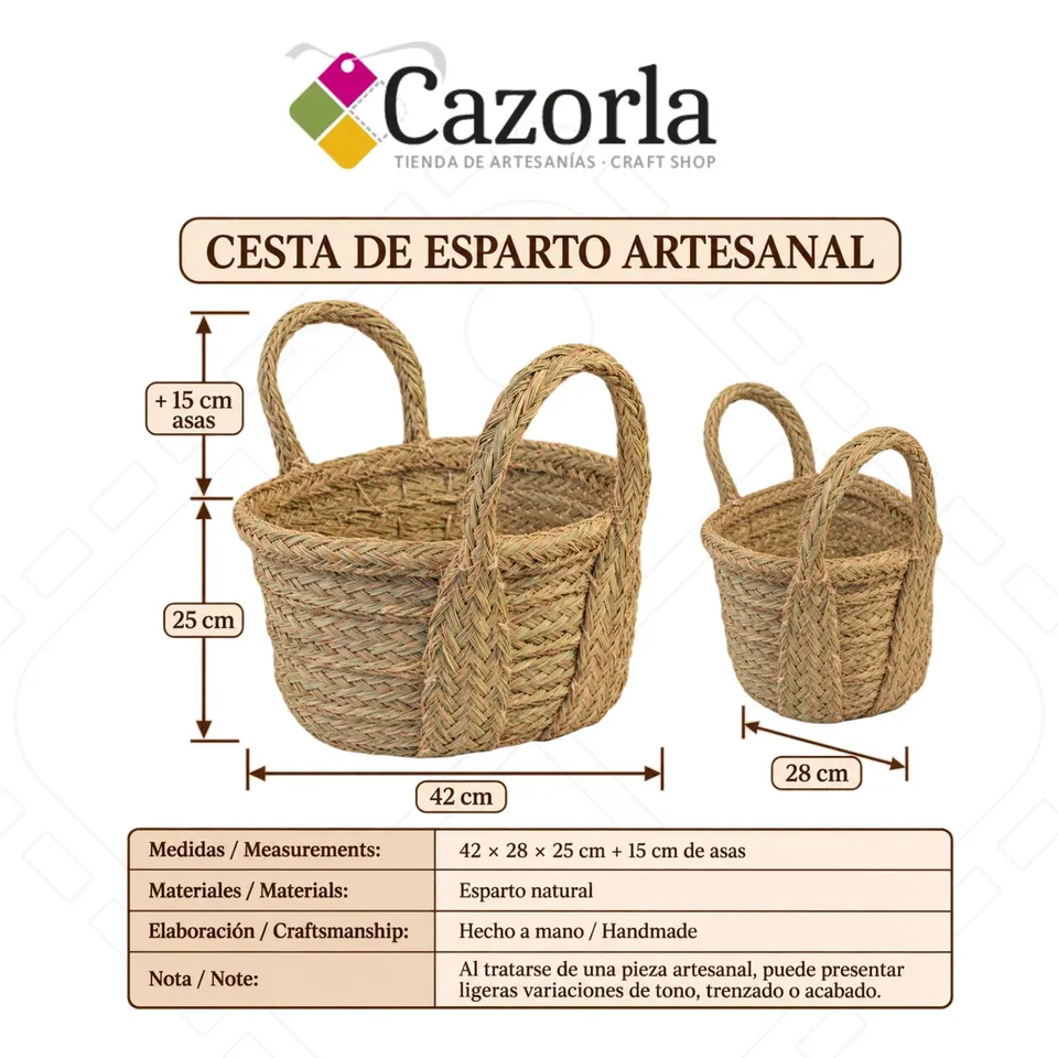 Ficha técnica de cesta bolso artesanal de esparto de 42 por 28 por 25 cm con asas de 15 cm