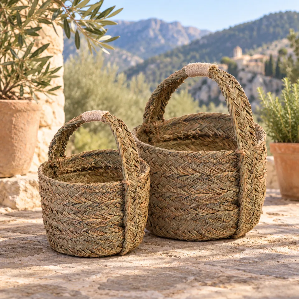 Cesta redonda artesanal de esparto en dos tamaños en ambiente mediterráneo inspirado en la Sierra de Cazorla