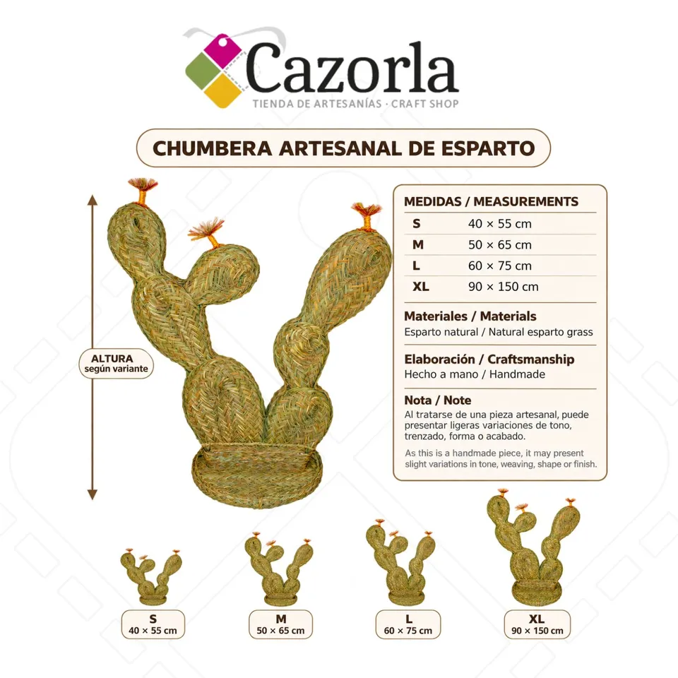 Ficha técnica de chumbera artesanal de esparto con tamaños S M L y XL