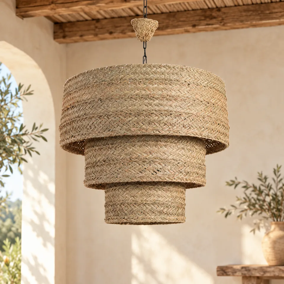 Lámpara redonda triple artesanal de esparto en interior mediterráneo cálido