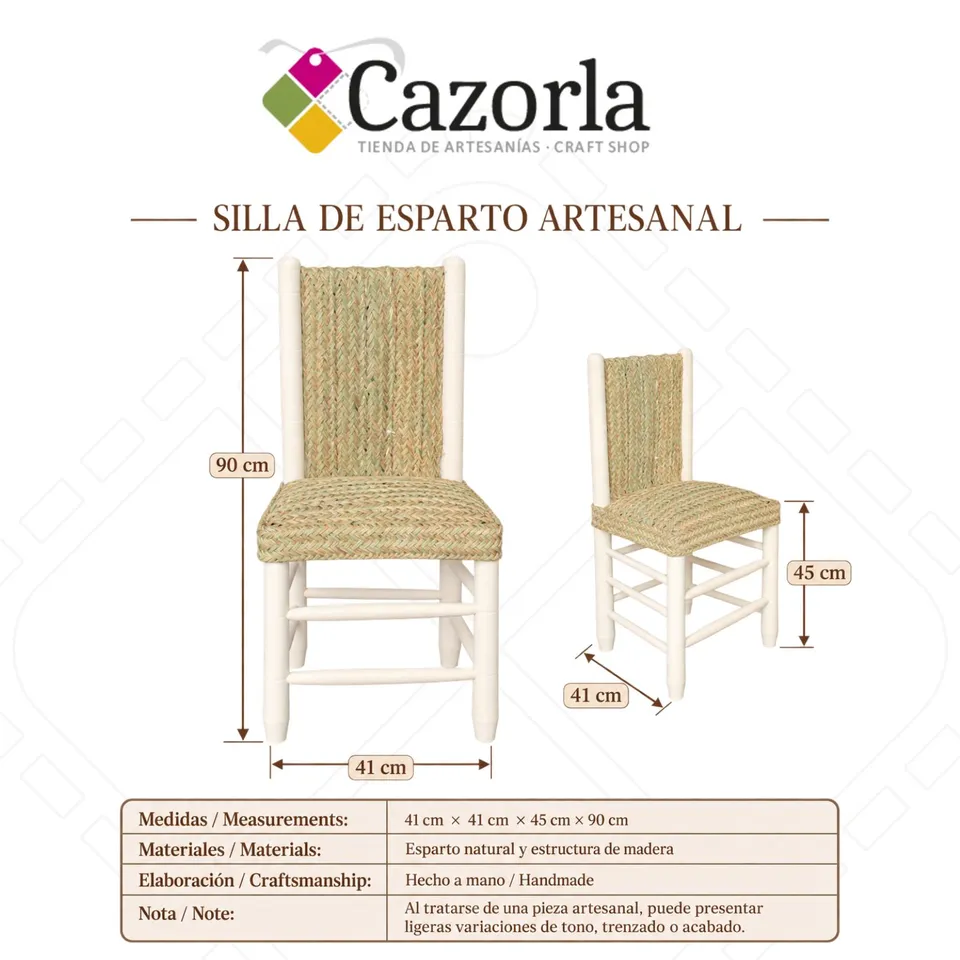 Ficha técnica de silla artesanal de esparto de 41 por 41 cm, asiento a 45 cm y altura total 90 cm