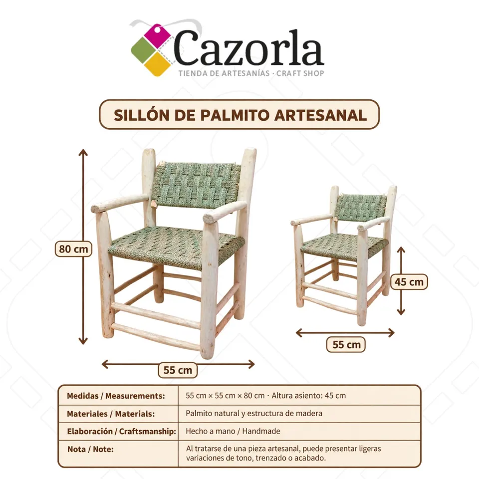 Ficha técnica de sillón artesanal de palmito de 55 por 55 por 80 cm y asiento a 45 cm