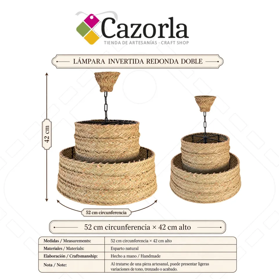 Ficha técnica de lámpara invertida redonda doble artesanal de esparto, 52 cm de circunferencia por 42 cm de alto